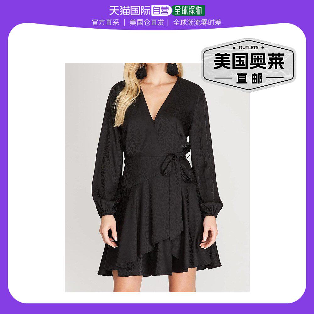 she + sky黑色喇叭形下摆豹纹缎面提花裹身早秋新款连衣裙 黑色