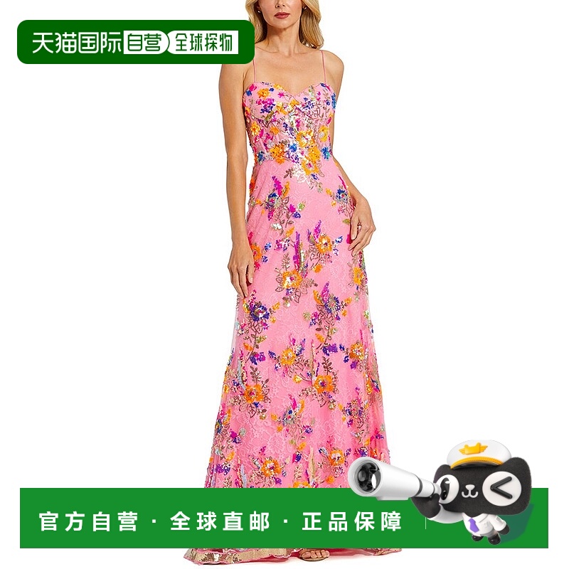 自营Mac Duggal花朵亮片蕾丝礼服，甜美领口-粉红色 美国奥莱直发