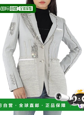 自营Burberry Grey Melange Technical Linen Blazer with Crysta