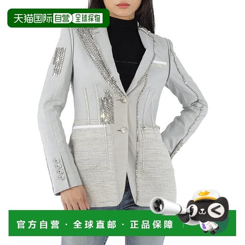 自营Burberry Grey Melange Technical Linen Blazer with Crysta