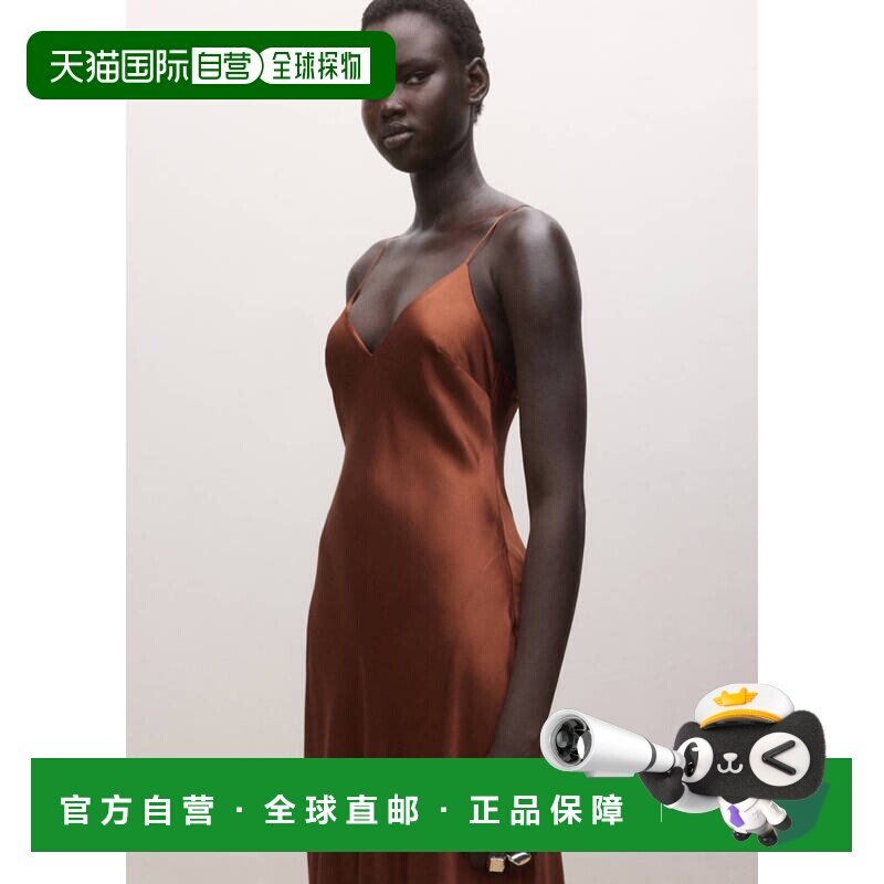 自营欧洲直邮MANGO 女士燃橙色粘胶纤维缎面丝绸长款吊带连衣裙图片