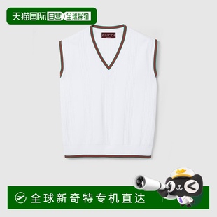古馳 歐洲直郵Gucci 女士白色彈力粘膠纖維織帶滾邊V領(lǐng)背心