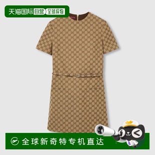 欧洲直邮Gucci古驰女士骆驼和乌木GG帆布连衣裙新款