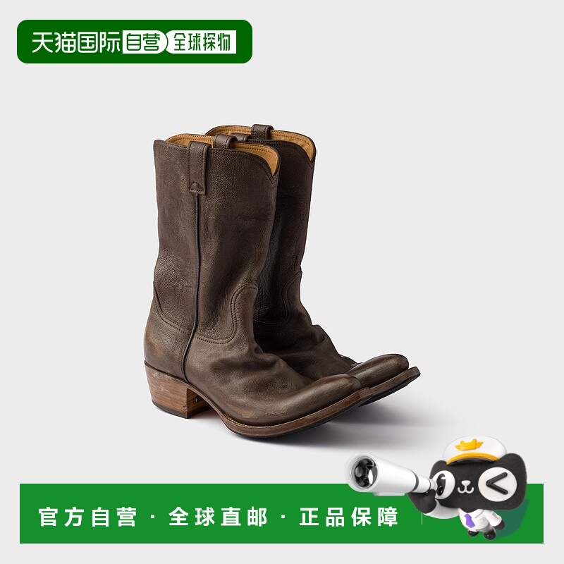 自营欧洲直邮Prada普拉达 男士赭石色小牛皮金属牌装饰牛仔靴