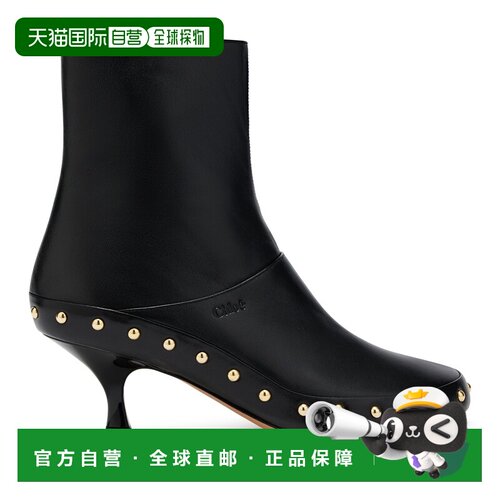 自营欧洲直邮CHLOE蔻依 女士黑色皮革铆钉细高跟短靴