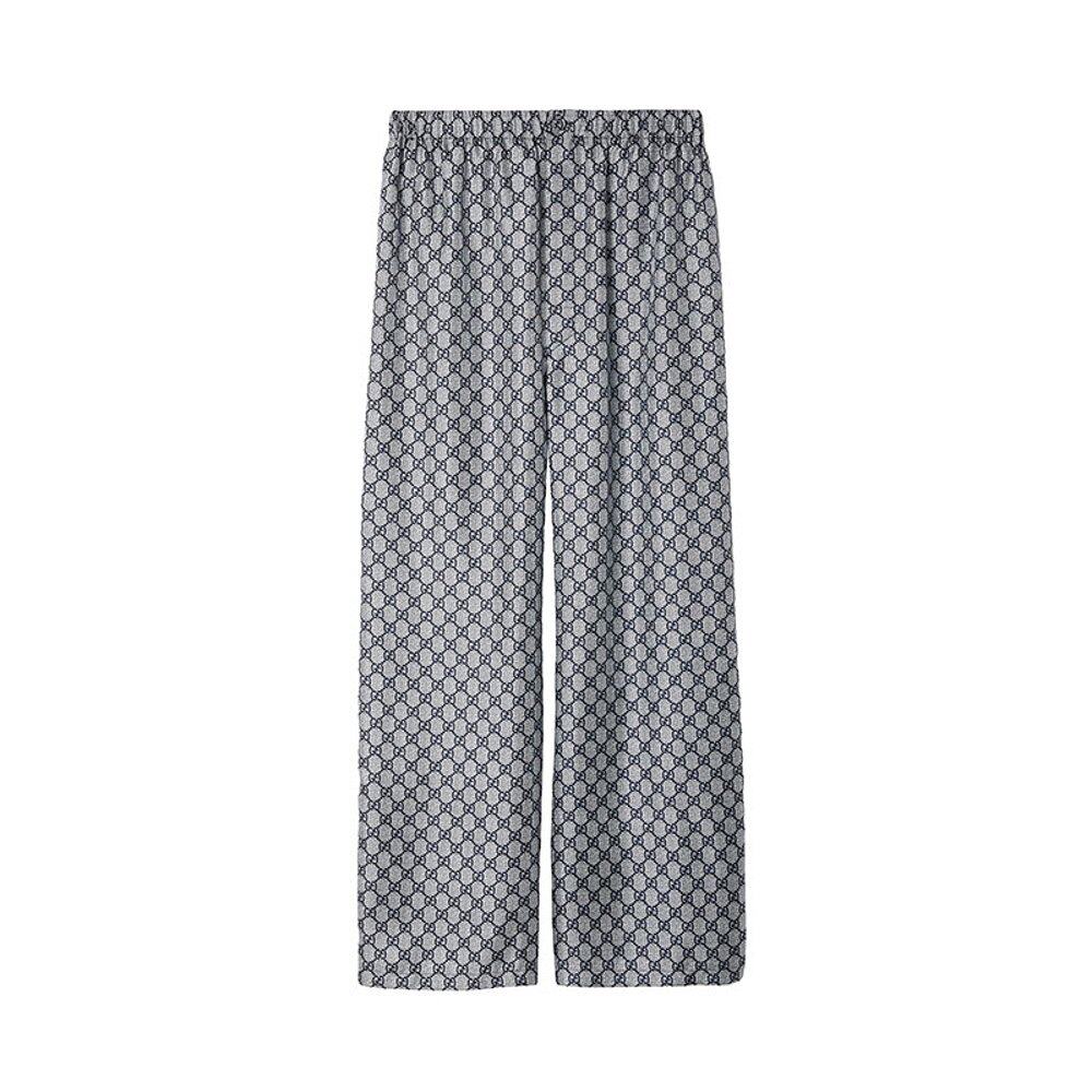GUCCI/古驰24新款 女士灰蓝色真丝斜纹布GG印花阔腿松紧裤