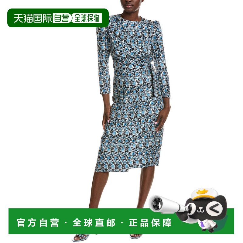 自营Sandro泡泡袖丝绸裹身连衣裙-蓝色 美国奥莱直发