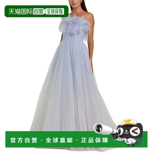 美国奥莱直发 蓝色 自营Mac Duggal羽毛领口长裙