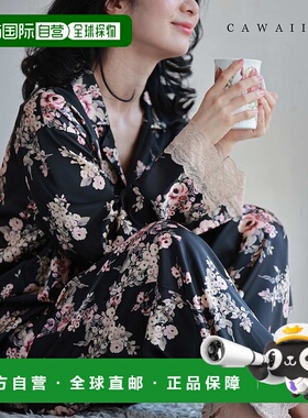 日本直邮（S2L 对应）（黑色）带蕾丝的花朵图案缎面风格睡衣两件