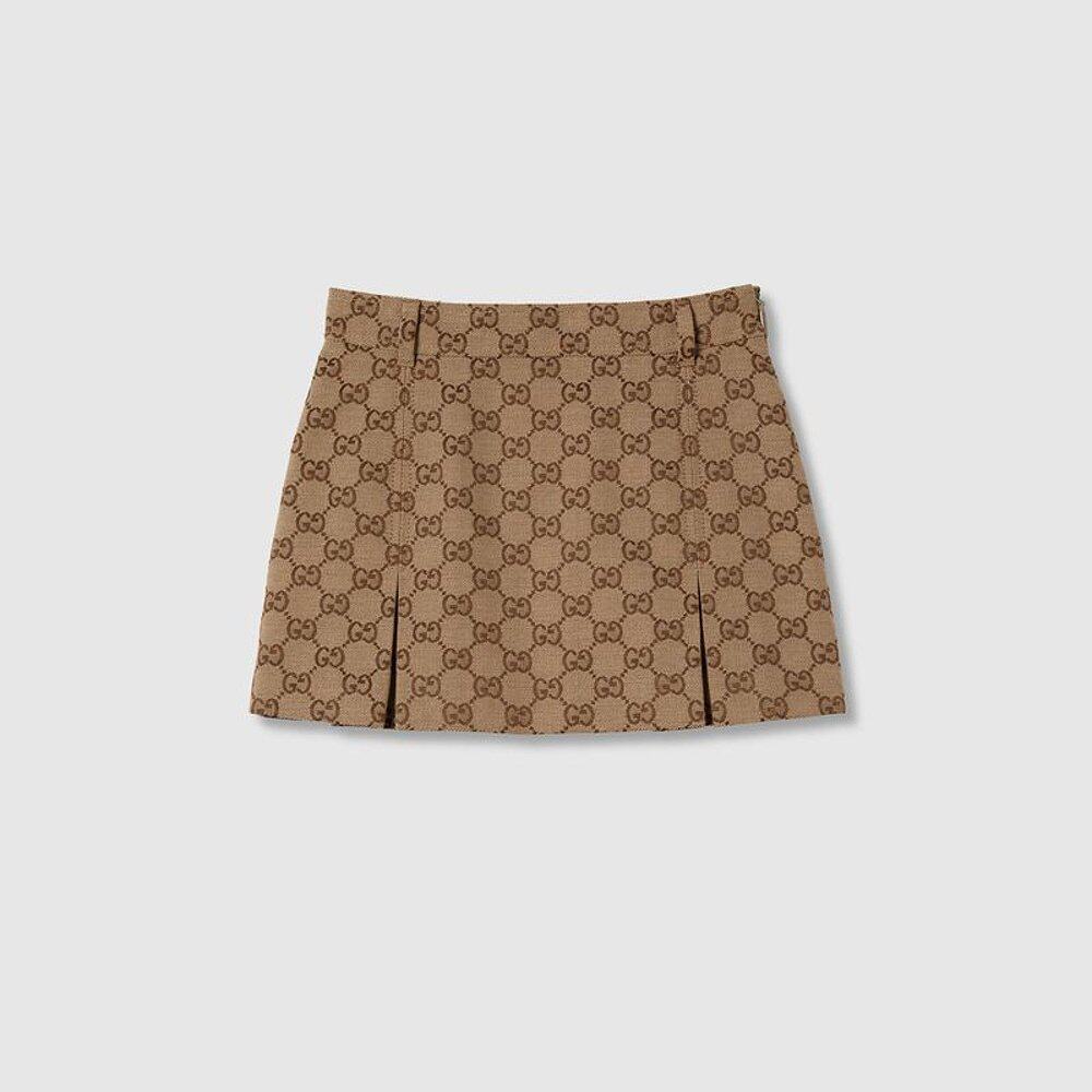 Gucci古驰女孩驼色和深棕色GG帆布儿童半身裙