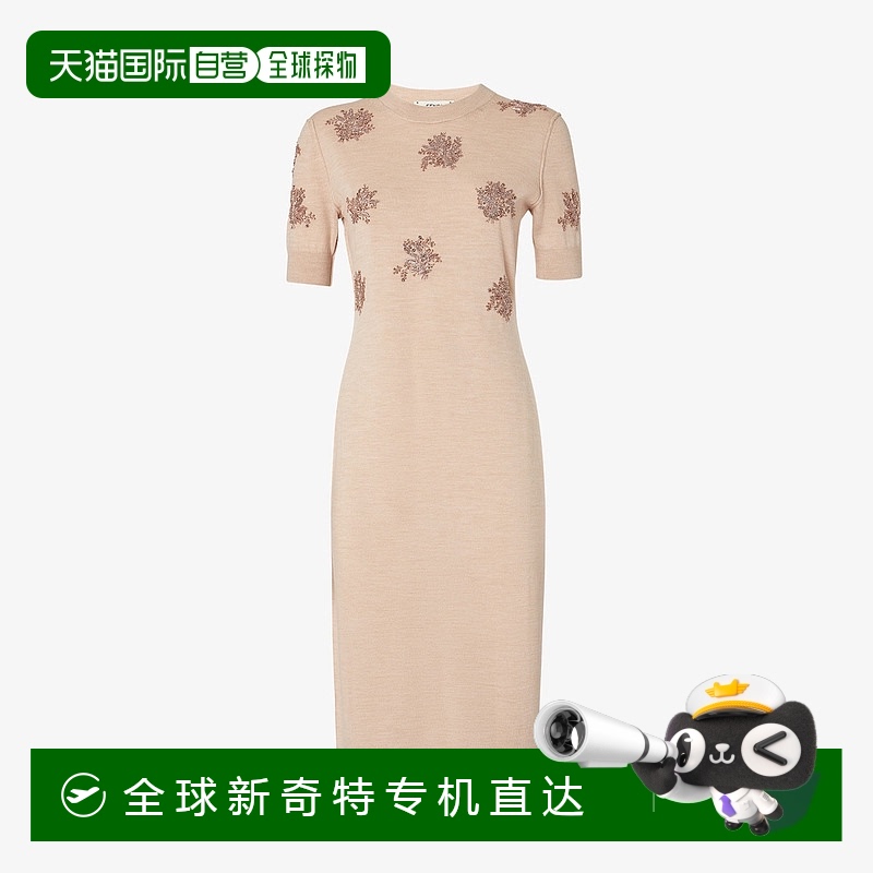 1h可退 欧洲直邮FENDI (2025新品) 刺绣粉色羊毛连衣裙-连衣裙