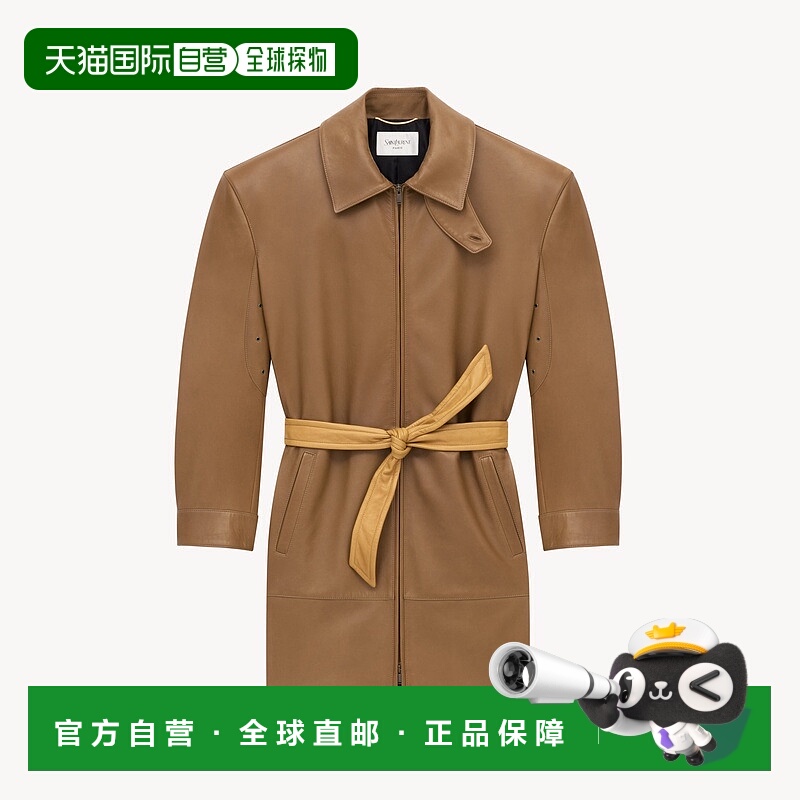 自营欧洲直邮YSL圣罗兰 女士卡其棕色/麂皮色羊羔皮撞色系腰带皮