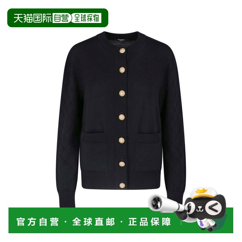 自营balmain黑色圆领金色纽扣新羊毛开衫-黑色 美国奥莱直发
