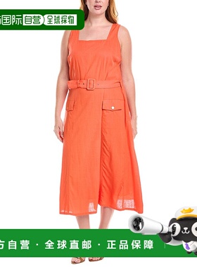 自营 Tahari ASL Plus亚麻混纺迷笛连衣裙-橙色 美国奥莱直发