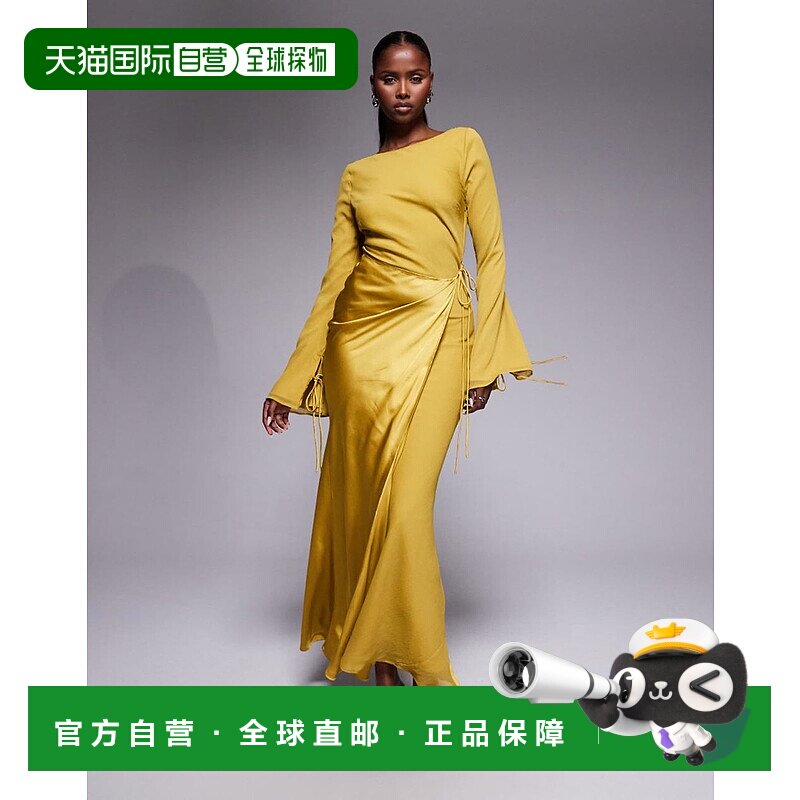 1h可退 香港直邮ASOS 女士 dress 设计雪纺长袖一字领长款缎面裹(