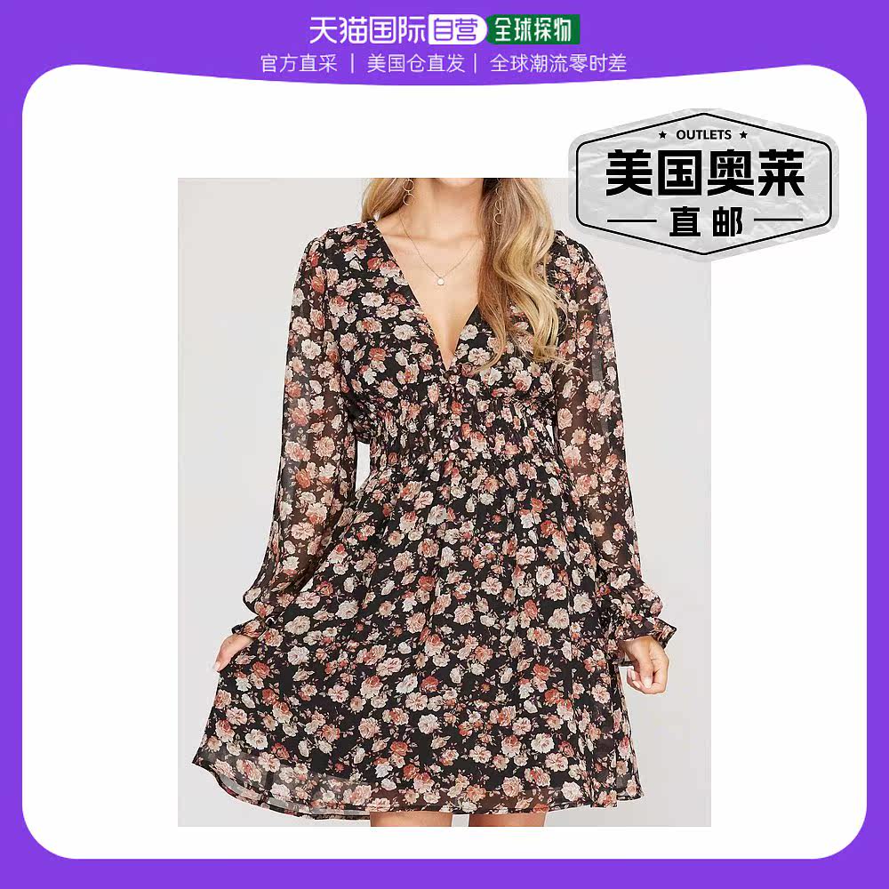 she + sky黑色碎花甜心早秋新款连衣裙 黑色 【美国奥莱】直发