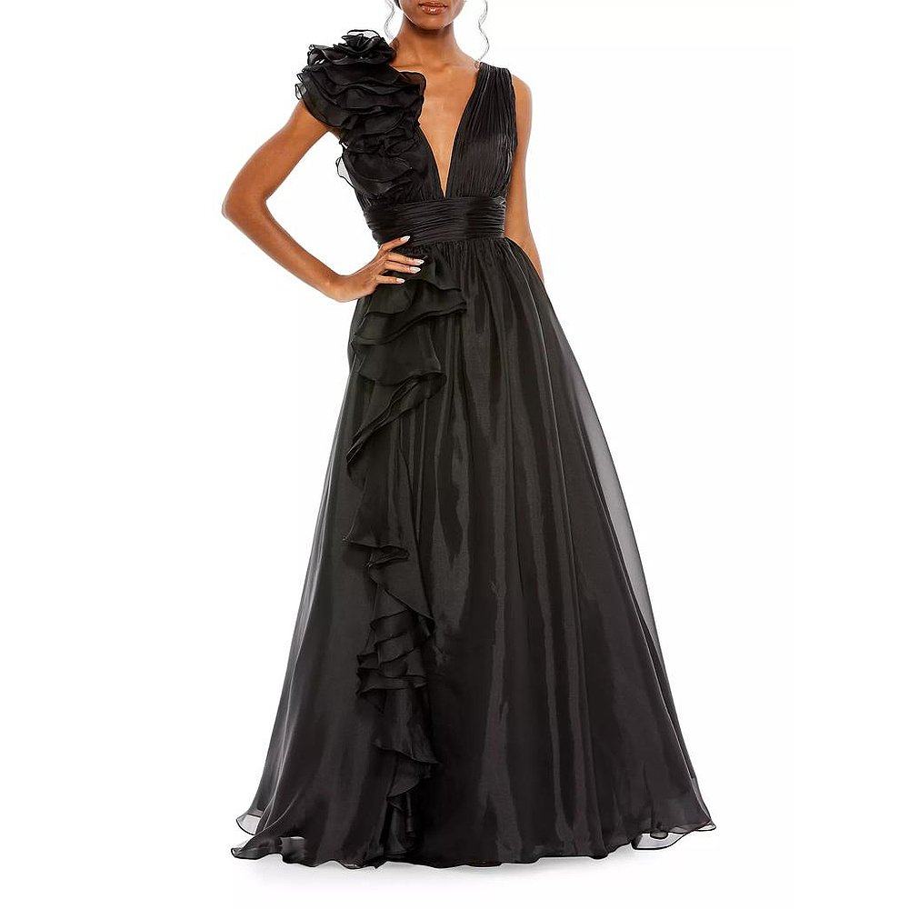 Mac Duggal|荷叶边肩部 V 领礼服