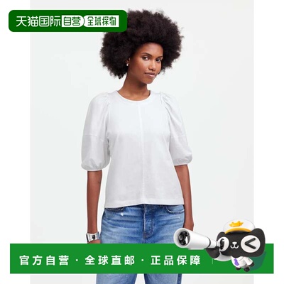 自营Women's Madewell Top White Cotton Puff Sleeve Crew Neck