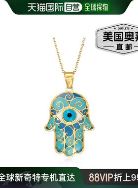 Ross-Simons 蓝色珐琅 Hamsa 手吊坠项链 14 克拉黄金 - 20 英寸