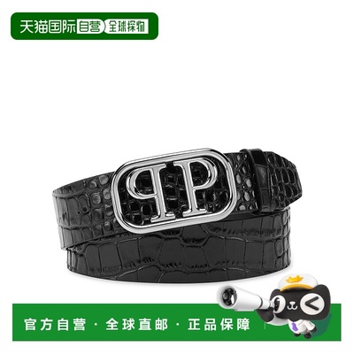 自营philipp pleinLeather Belt Crocco Print Shiny Skull - bla