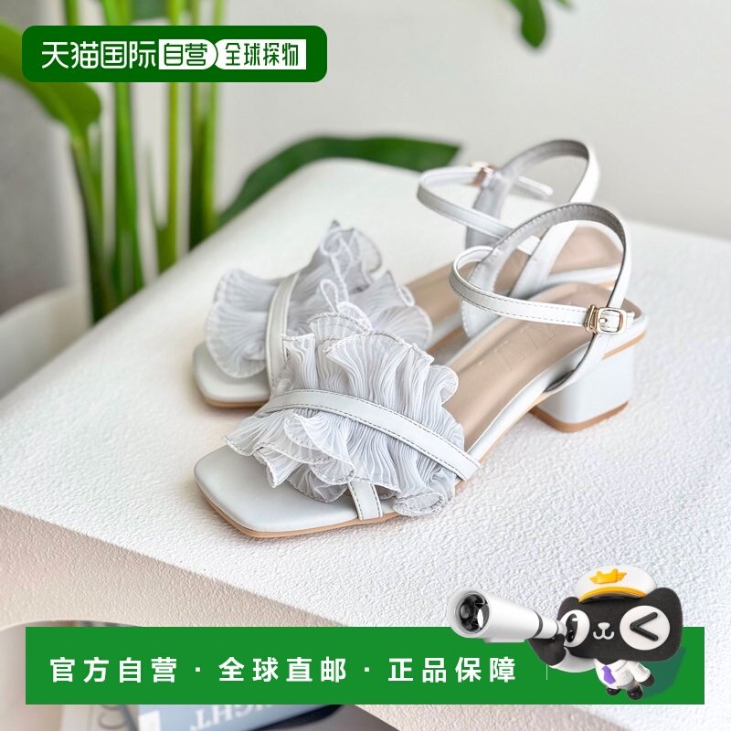 日本直邮VIVIAN 透明交叉荷叶边方头绑带凉鞋（灰色）高跟鞋单鞋