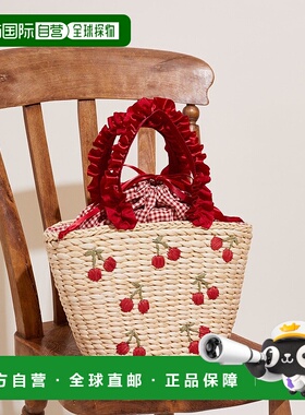 1h可退 日本直邮Maison de FLEUR 女士樱桃刺绣荷叶手柄编织包 08