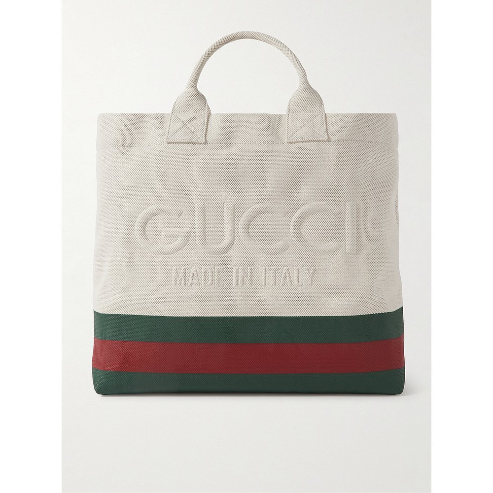 潮奢 Gucci古驰男士 Logo-Embossed Striped Canvas Tote Bag