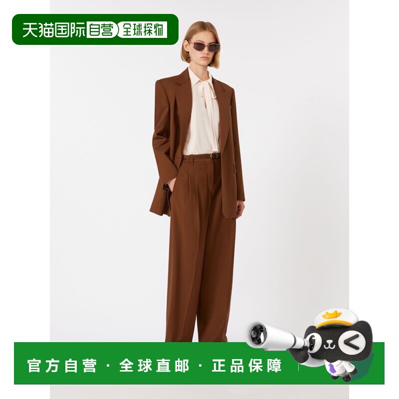 自营欧洲直邮Max Mara Studio女士巧克力色羊毛弹力单排扣西装