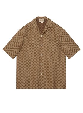 GUCCI 男士衬衫 742707ZAM7G2580 SS2024 棕色 GG短袖衬衫