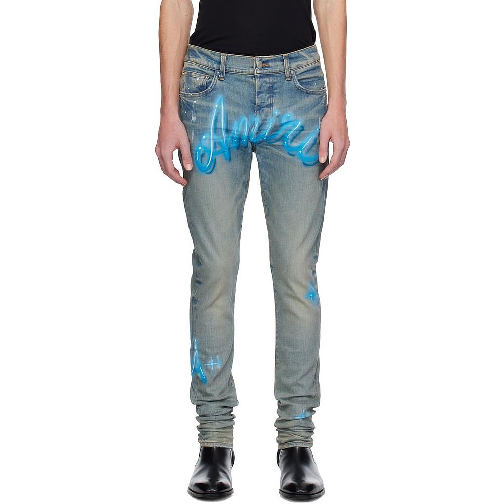 美国直邮AMIRI男士牛仔裤紧身弹力徽标褪色做旧休闲时尚男装下装