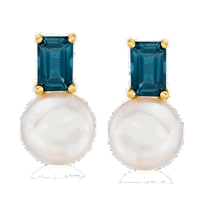 自营Ross-Simons 8-8.5 毫米养殖珍珠和伦敦蓝托帕石 18 克拉金耳