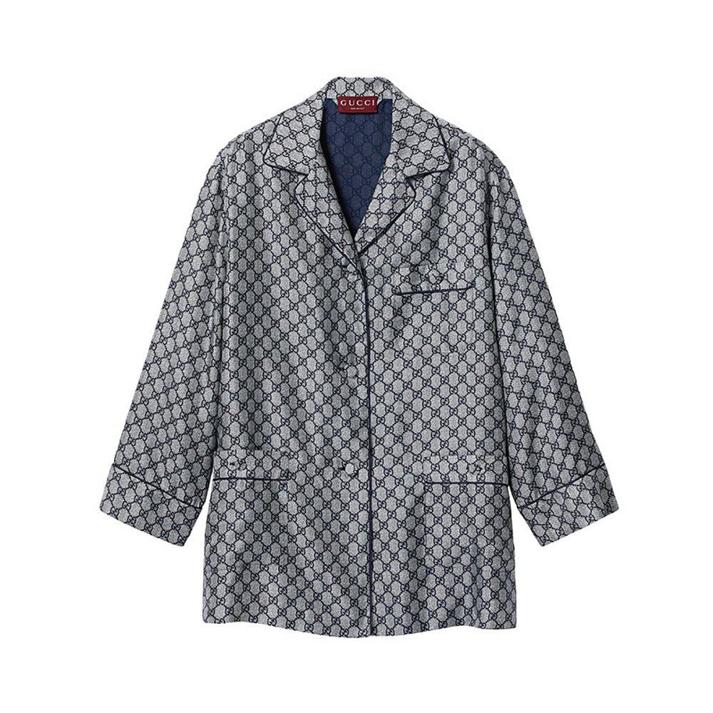GUCCI/古驰24新款 女士灰蓝色真丝斜纹布GG印花休闲衬衫
