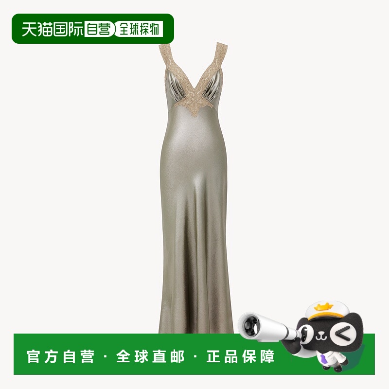 自营欧洲直邮YSL圣罗兰 女士银卡其色真丝蕾丝镶边无袖连衣裙长款