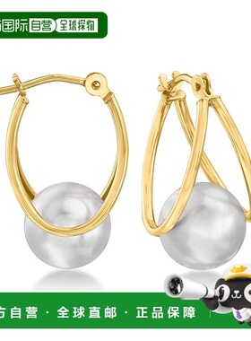 自营 Ross-Simons 8-9 毫米灰色养珠双圈耳环 14 克拉黄金 - 灰色