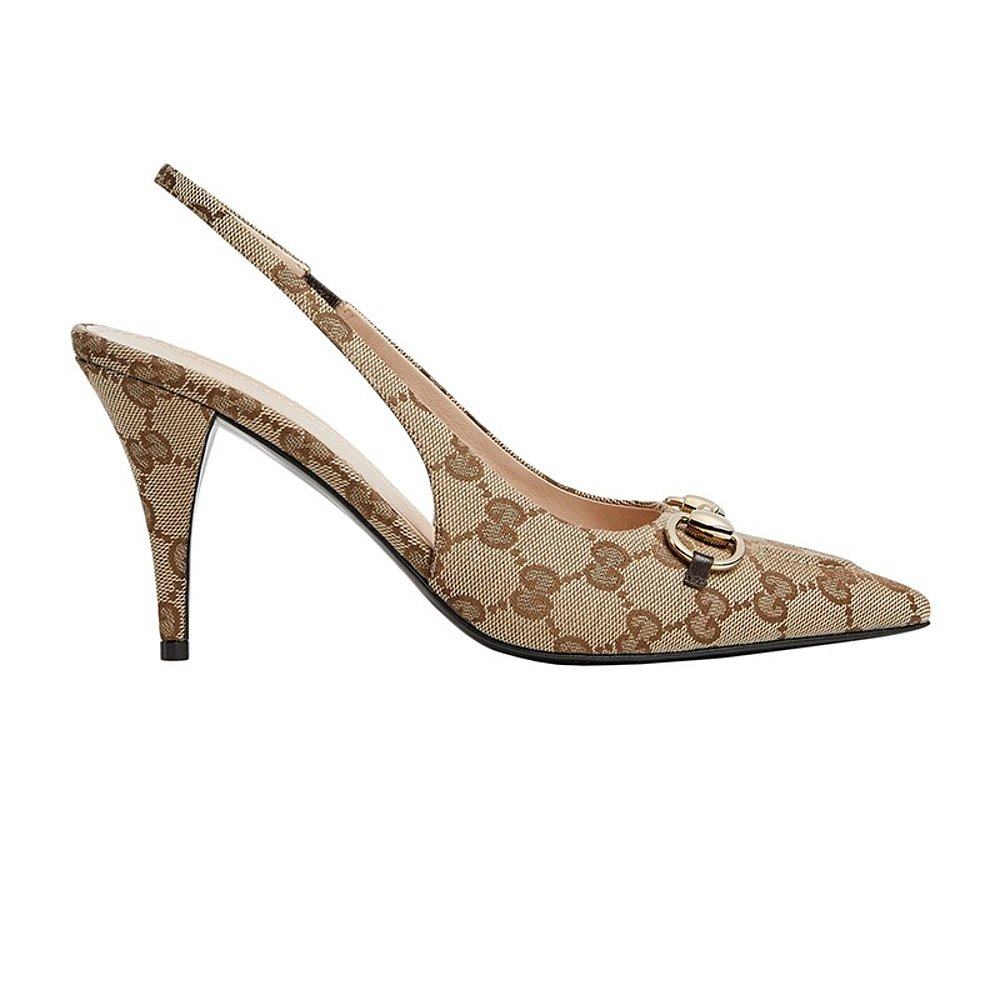 GUCCI/古驰24新款 女士米棕色帆布金色马衔扣尖头高跟鞋8.5cm