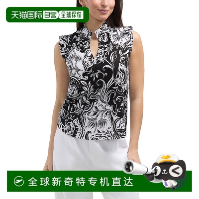 自营Ellen Tracy女式亚麻混纺上衣，带褶边袖和衣领-黑色蜡染印花