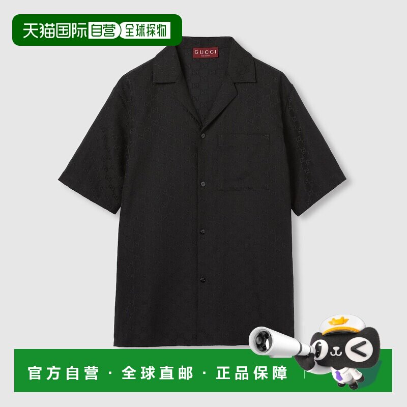自营欧洲直邮Gucci/古驰 男士黑色帆布亚麻混纺双G短袖衬衫男装