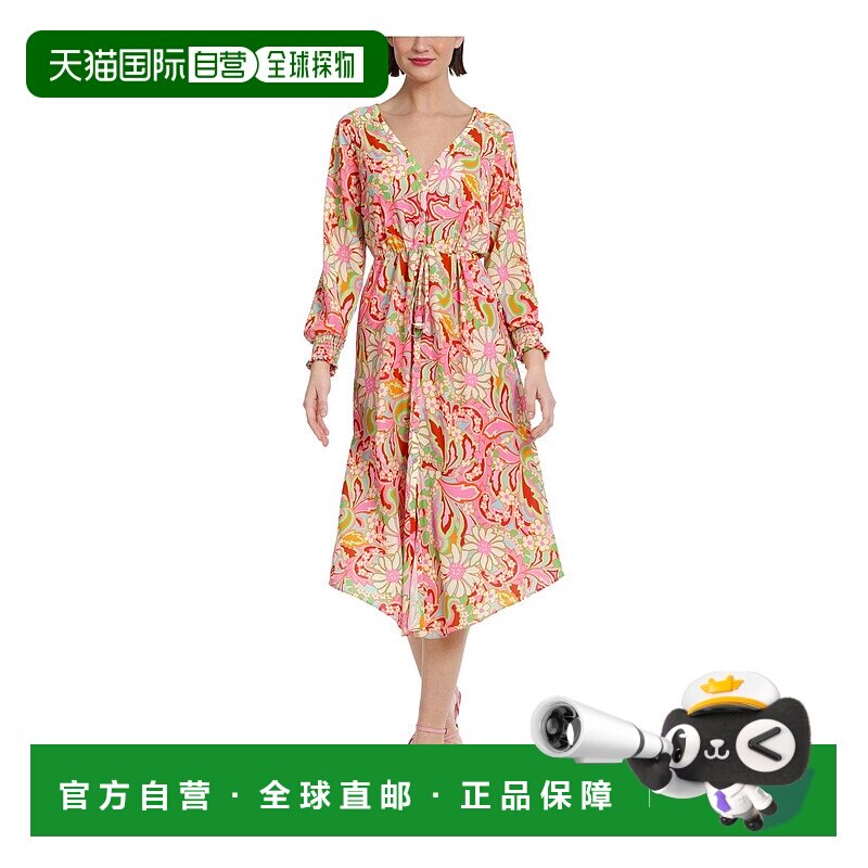 自营donna morgan女式印花涤纶衬衫裙 - 水红色 美国奥莱直发