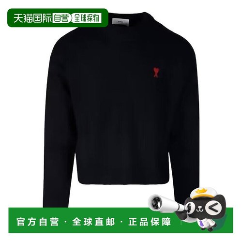 香港直邮AMI PARIS 黑色毛衣爱心图案 圆领套头长袖毛衣羊毛