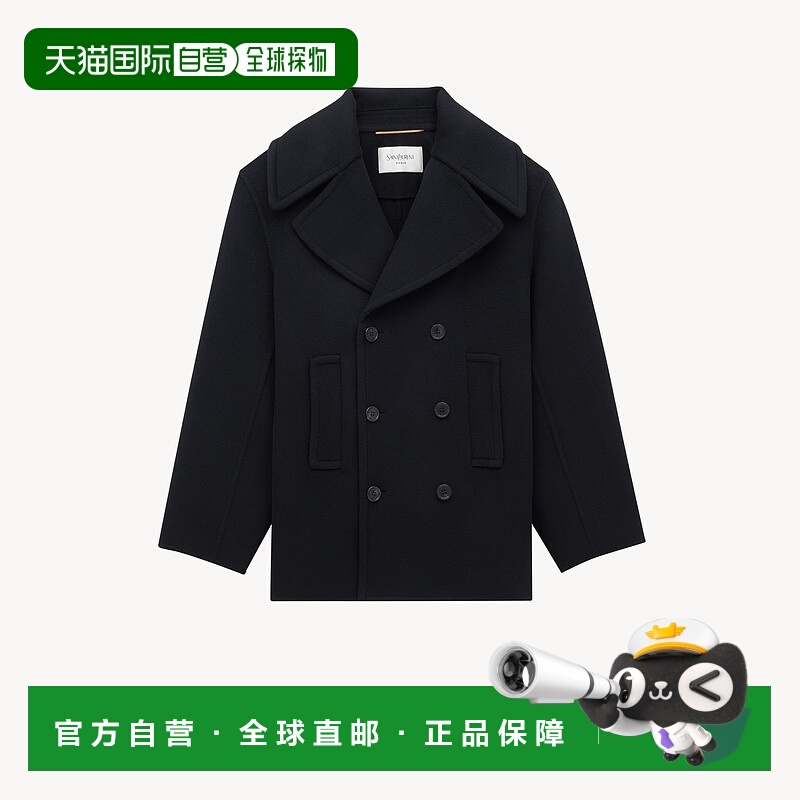 自营欧洲直邮YSL圣罗兰 女士极黑色羊毛双排扣闭合大衣