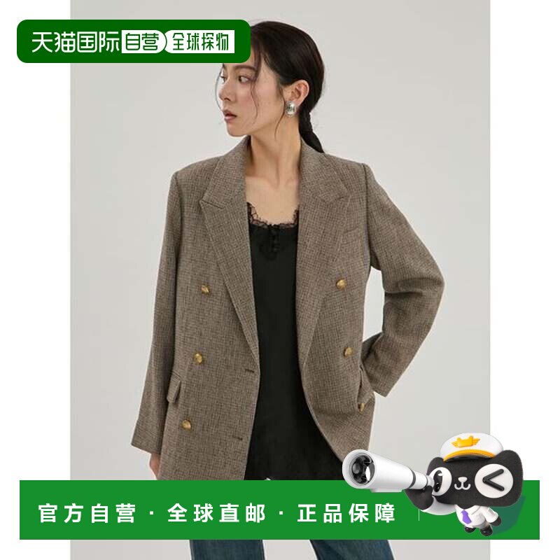 日本直邮Mila Owen 金色双排扣格纹长款西装外套 米色