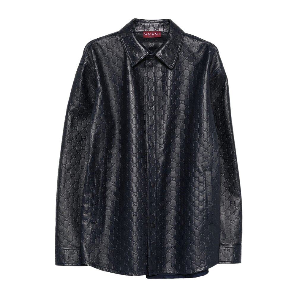 GUCCI 男士外套 833460XNA734139 AW2025 黑色 长袖衬衫式皮夹克