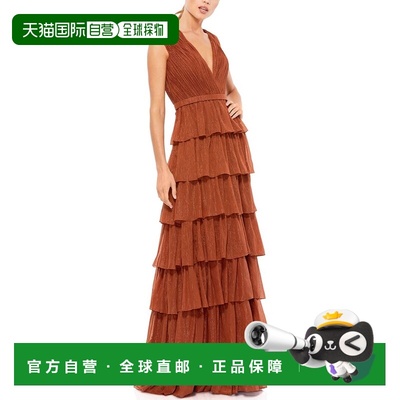 自营Mac Duggal Plunge Neck Ruffle Tiered Gown - brown 美国奥