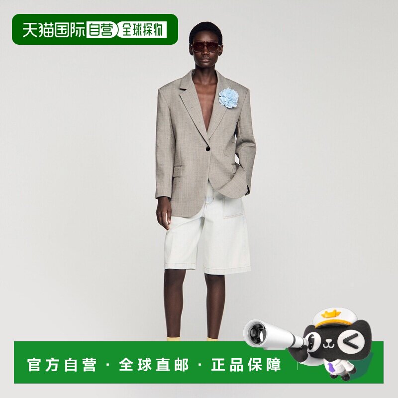 自营欧洲直邮Sandro桑德罗 女士灰褐色羊毛格纹胸针西装外套