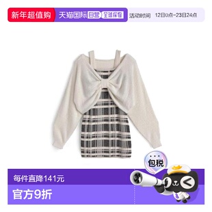 日本直邮日潮 GRL蝴蝶结毛绒上衣格纹吊带迷你裙针织套装an1705