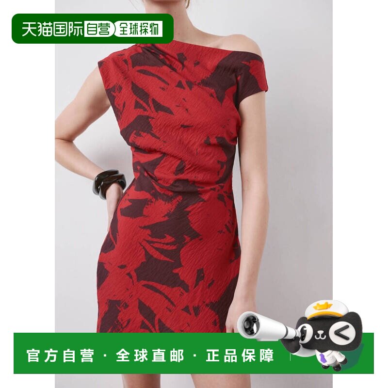 自营欧洲直邮MANGO 女士红色粘胶纤维印花短款连衣裙性感图片