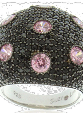 自营 Suzy Levian 纯银黑色和粉色方晶锆石密镶大圆顶戒指 - 黑色