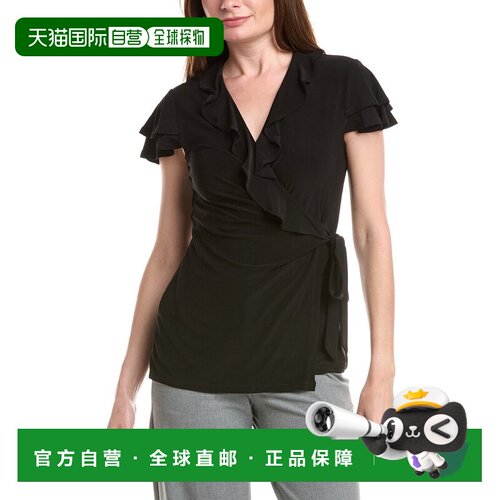 自营Anne Klein Flutter袖子包裹式上衣-黑色 美国奥莱直发