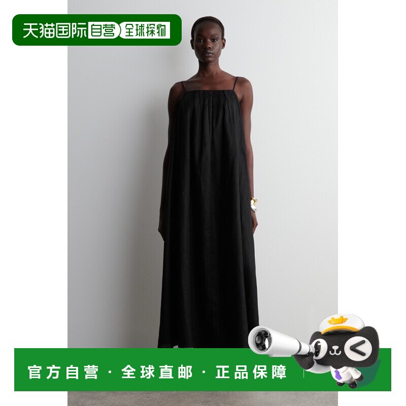 自营欧洲直邮COS 女士黑色亚麻褶皱吊带性感长连衣裙长裙图片