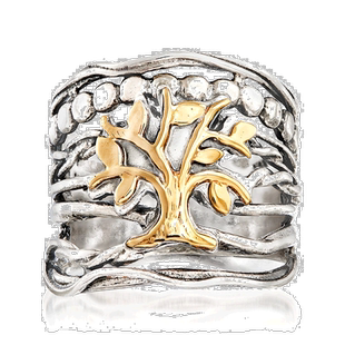 自营 Ross-Simons 纯银和 14 克拉黄金多排生命之树戒指 - 白色